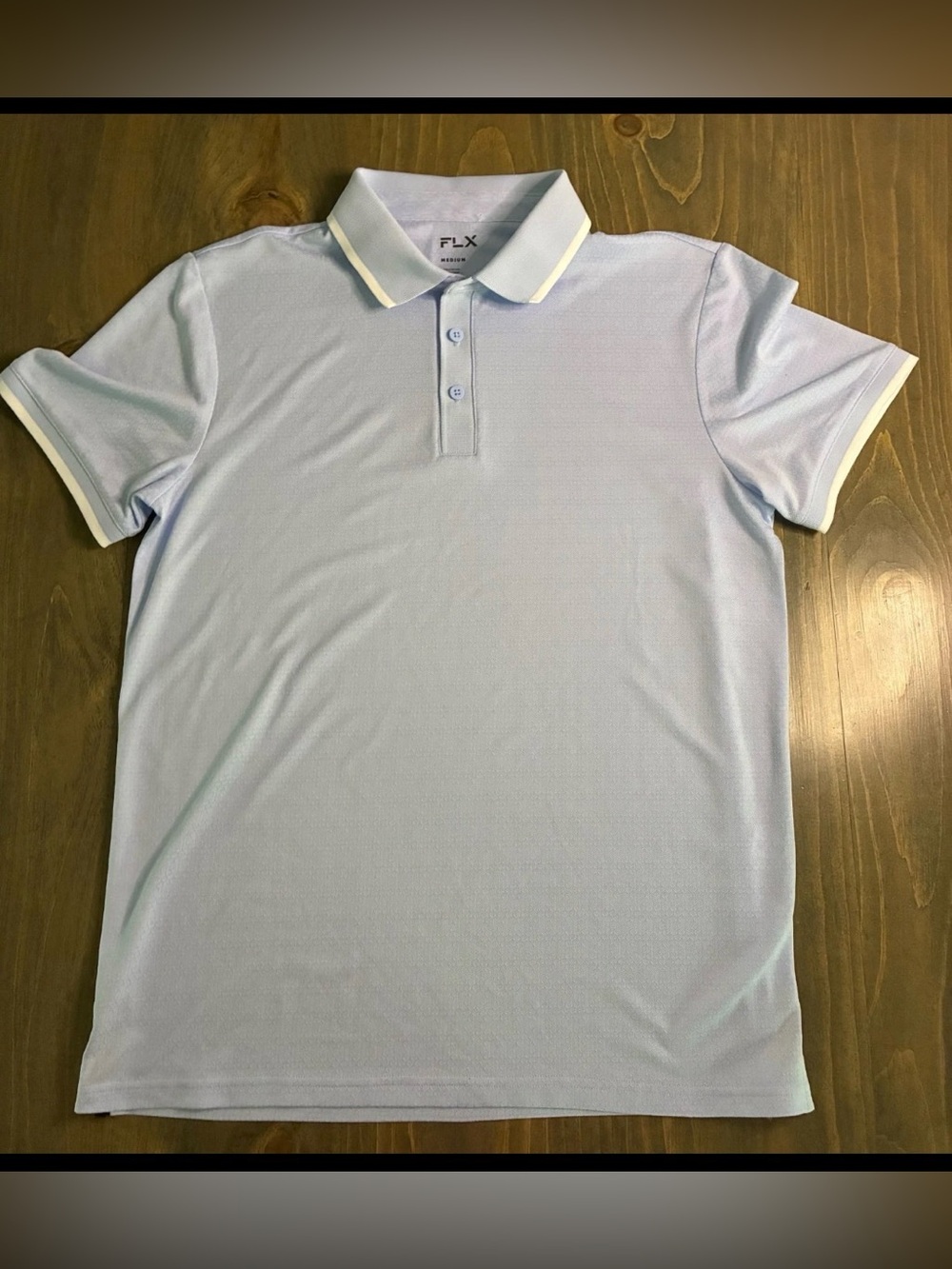 FLX Men's Medium Polo Golf Shirt Light Blue With a Pattern NWOT Short Sleeve